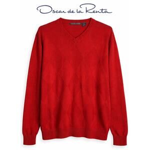 Oscar de la Renta Red Argyle Sweater Cotton V Neck Preppy Classic XXL